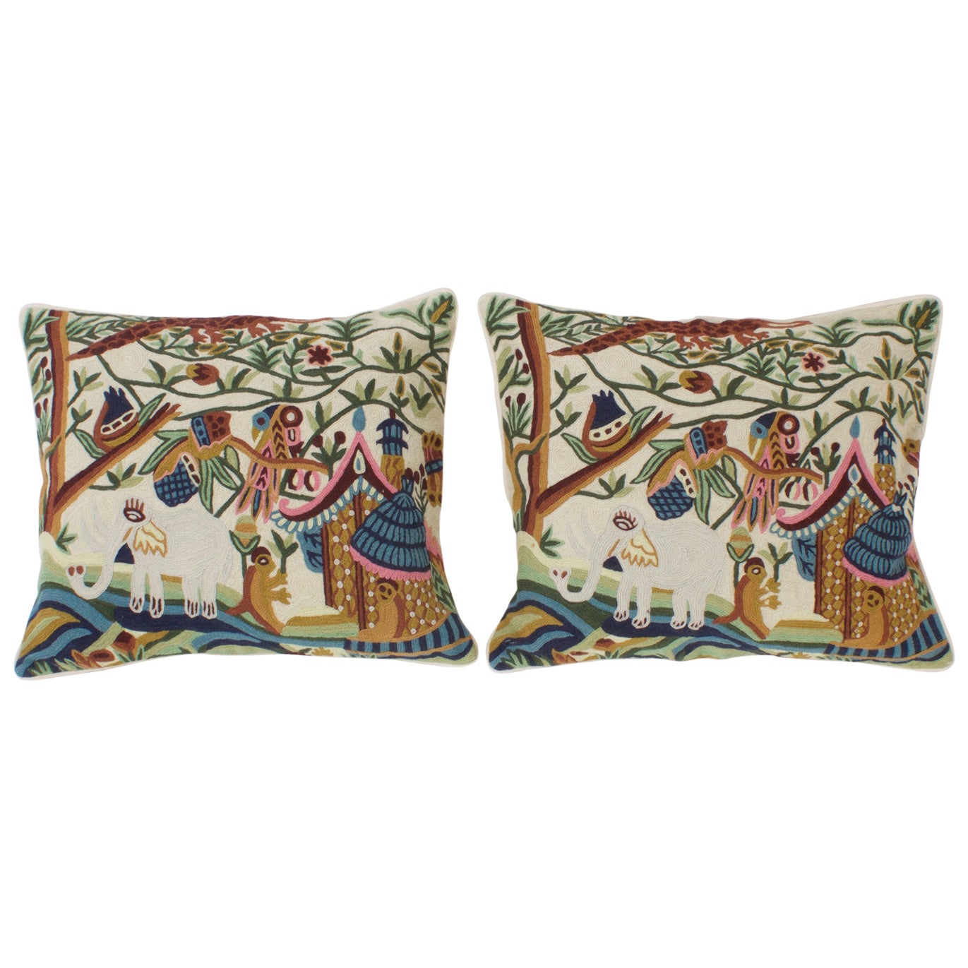 Pair of Indian Crewel Pillows, Priced French Whimsical Zebra Pillows a Pair