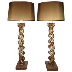 18th Century Pair of Carved Column Lamps, Italy