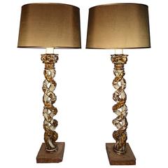 18th Century Pair of Carved Column Lamps, Italy 8
