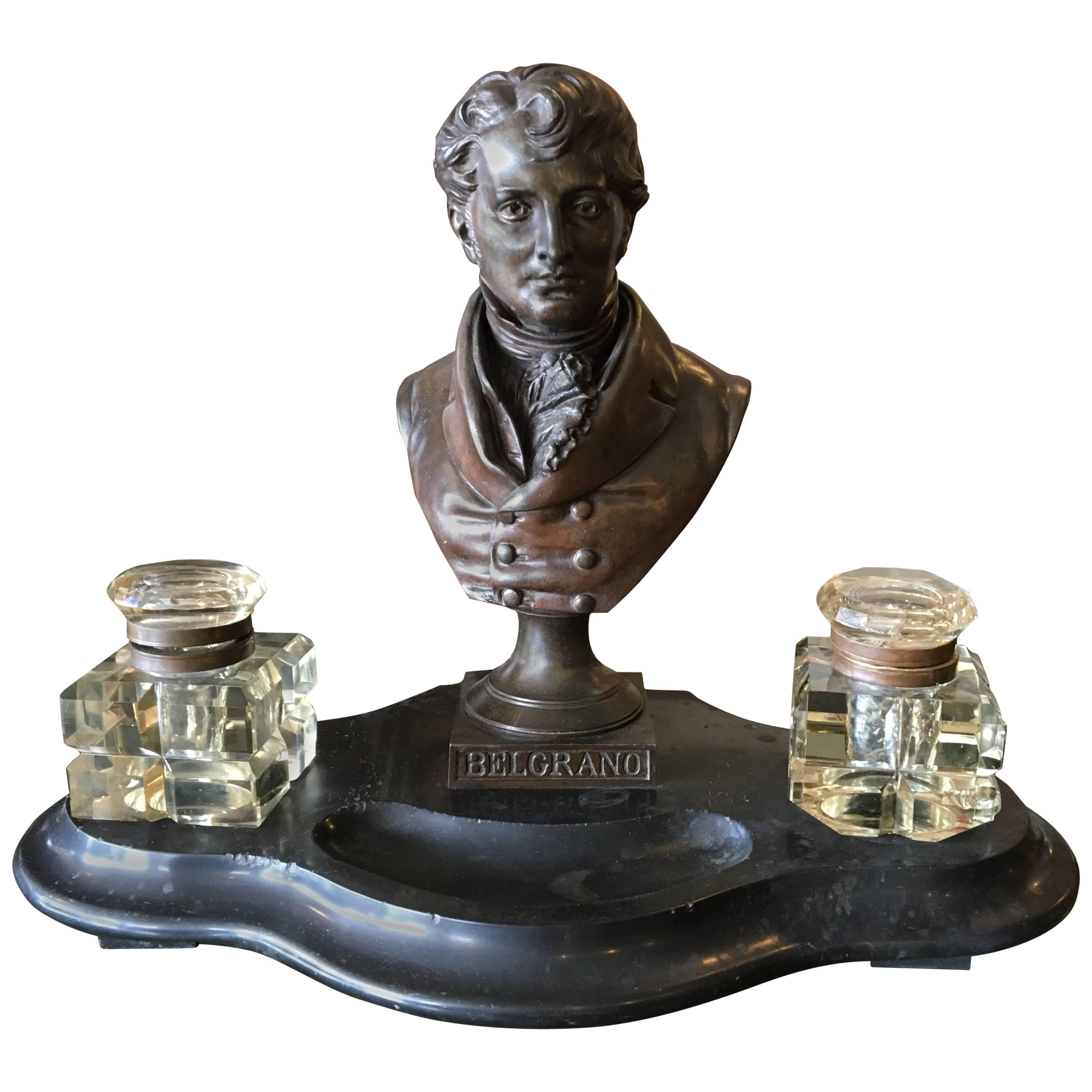 Antique A. Carrier Signed Bronze Bust of Belgrano Marble Base Double Inkwell