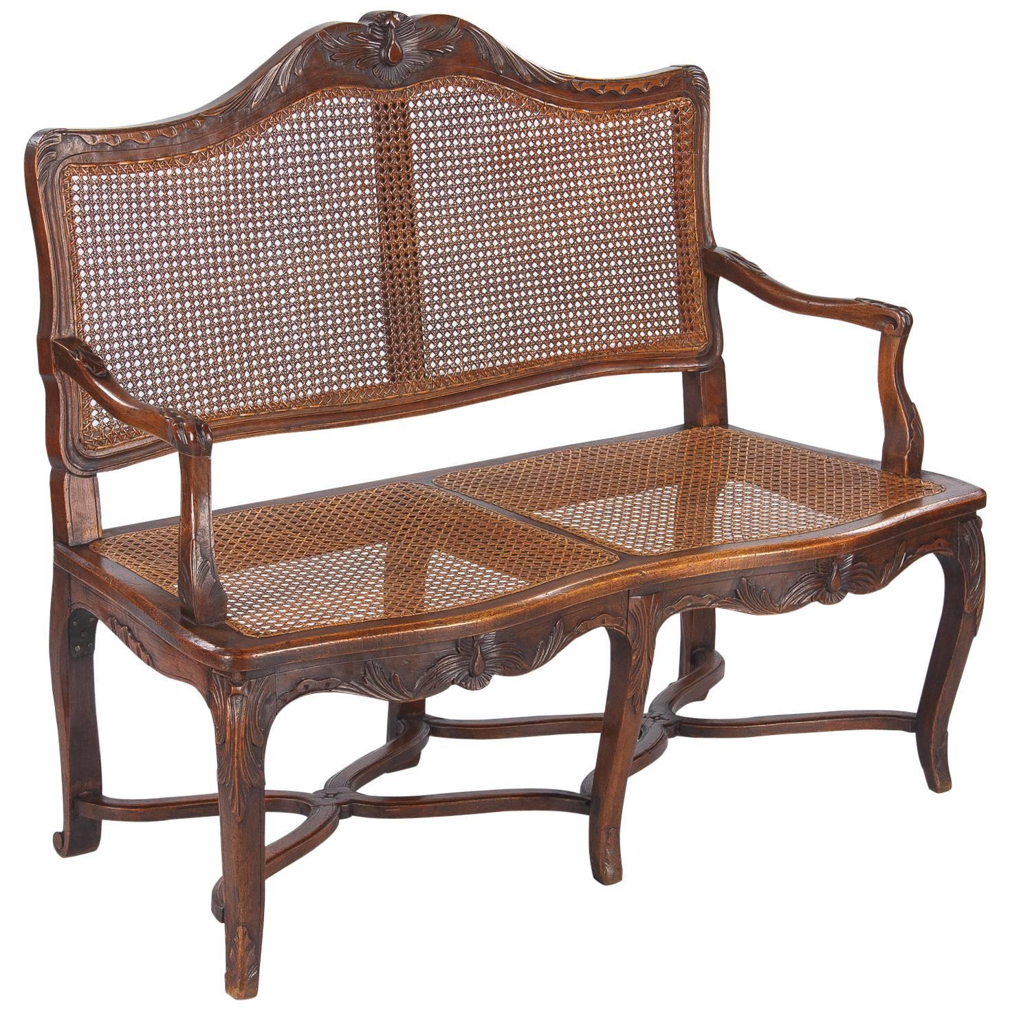 Louis XV Style Walnut and Caned Bench, Early 1900s