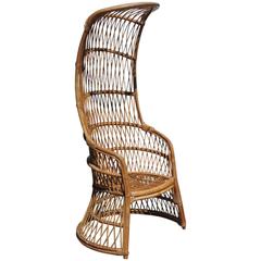 Franco Albini Style Tall Hooded Natural Rattan Chair