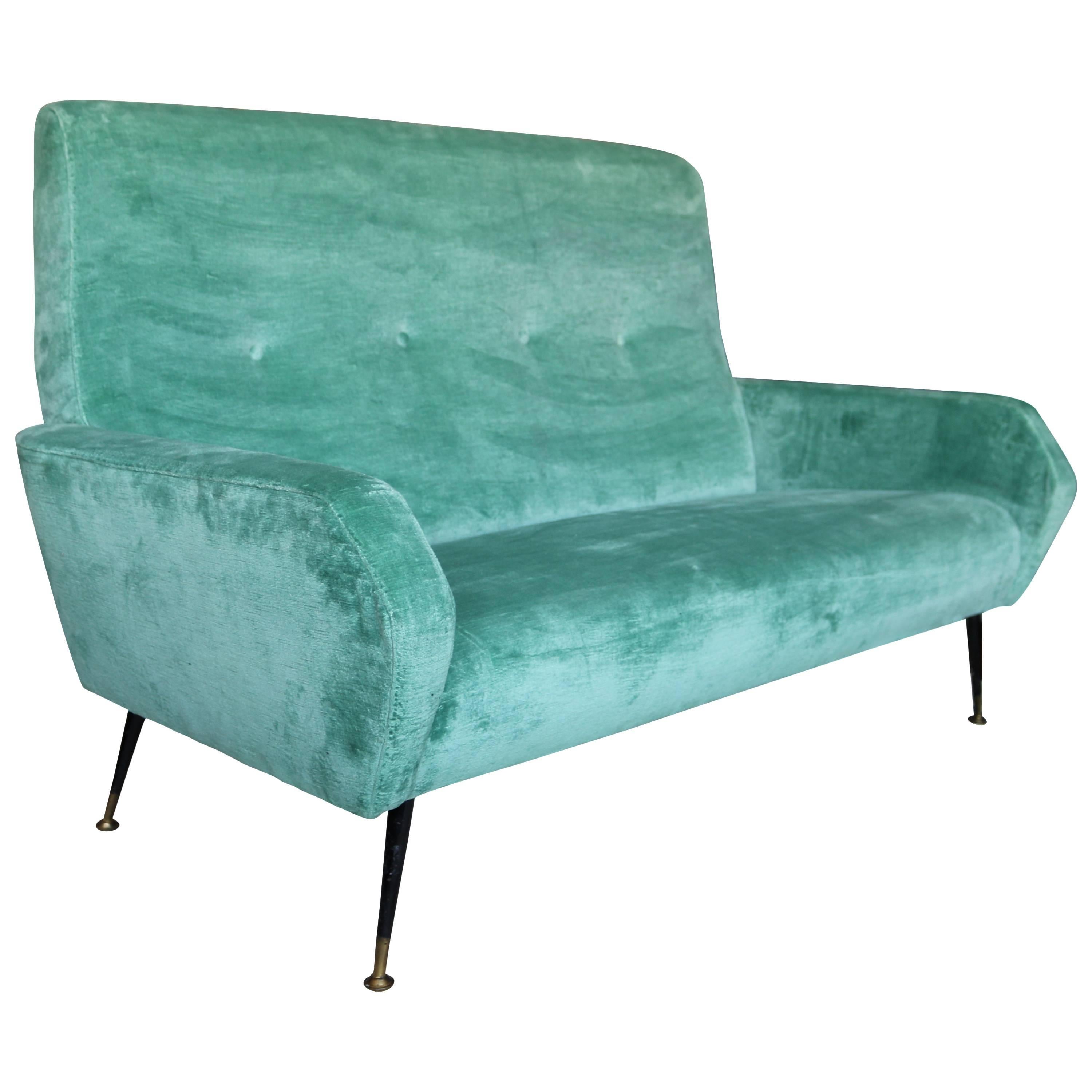 Mid-Century Modern Italian Aqua Velvet Sofa