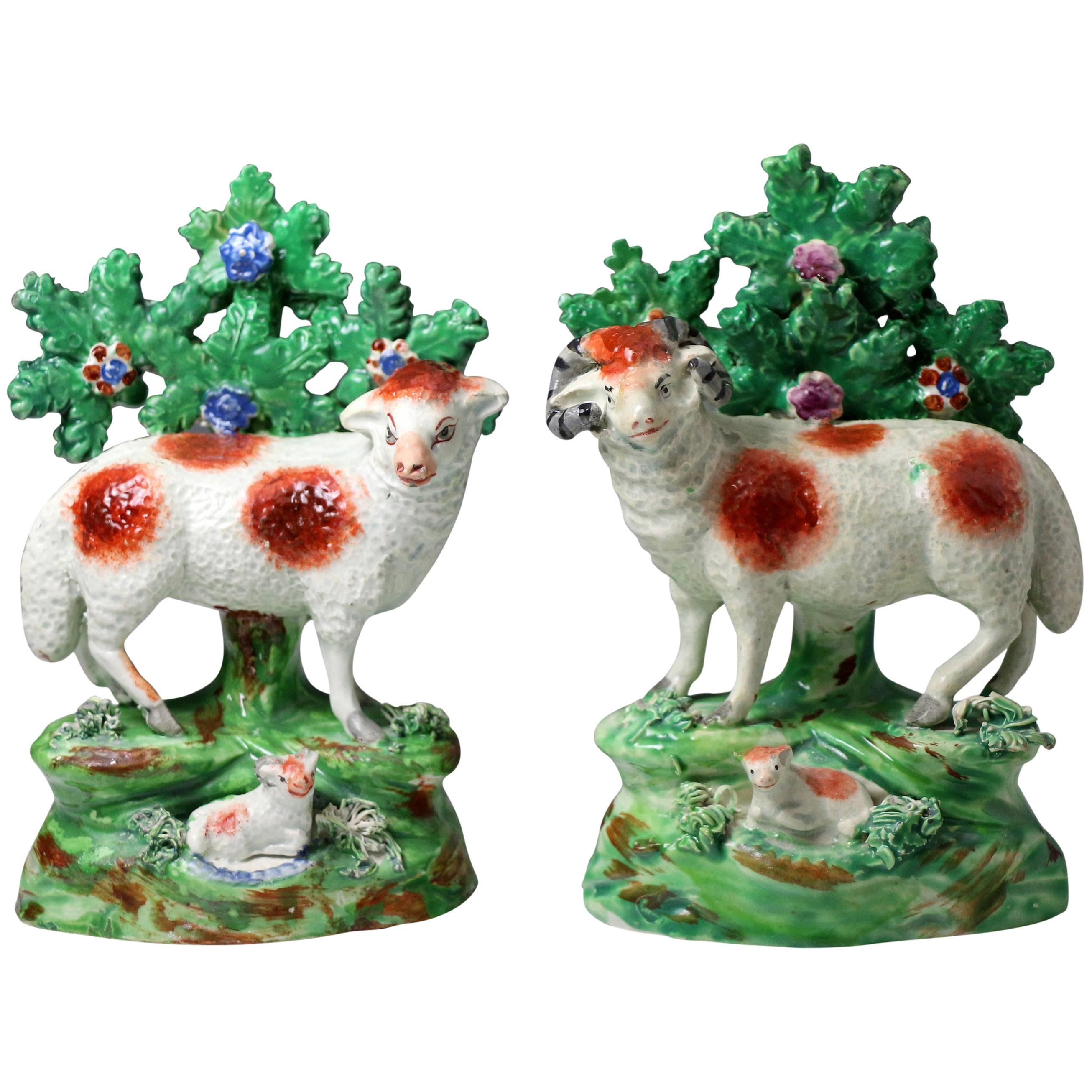Pair of 19th Century Staffordshire Pottery figures of a Ewe and Ram Made by Salt For Sale