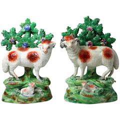 Antique Pair of 19th Century Staffordshire Pottery figures of a Ewe and Ram Made by Salt