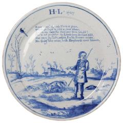 English Delftware Plate Dated 1727 with the Initials "H.L". Bristol or London