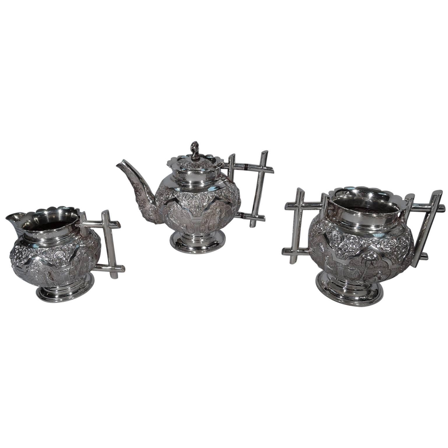 Colonial Indian Silver Tea Set with Exotic Scenes