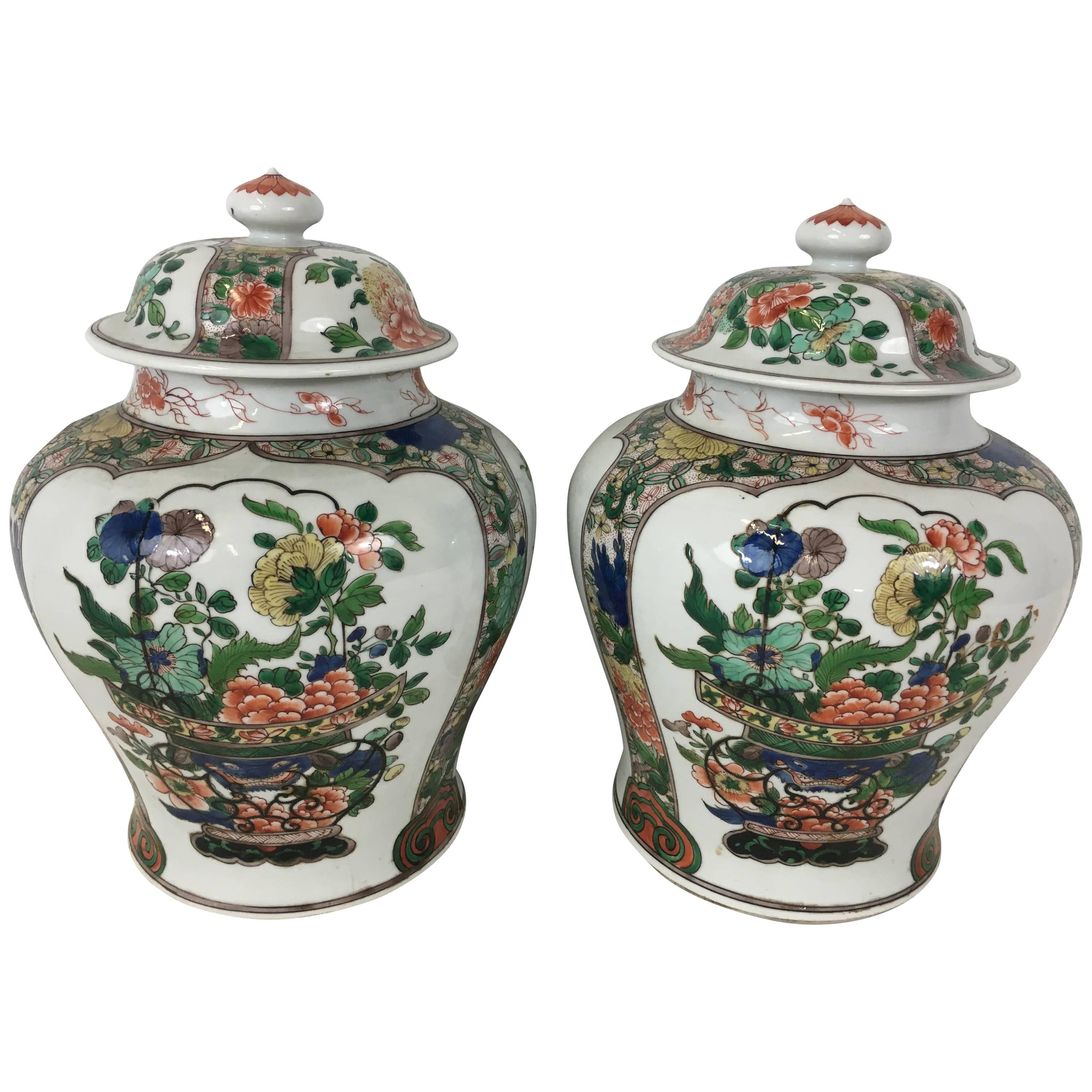 Pair of Samson Famille Verte Temple Jars