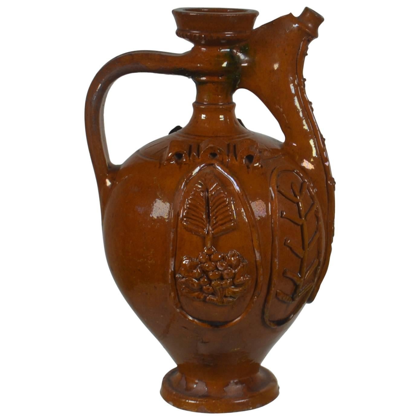 Early 20th Century Earthenware Pitcher 'Brown with Relief Design'