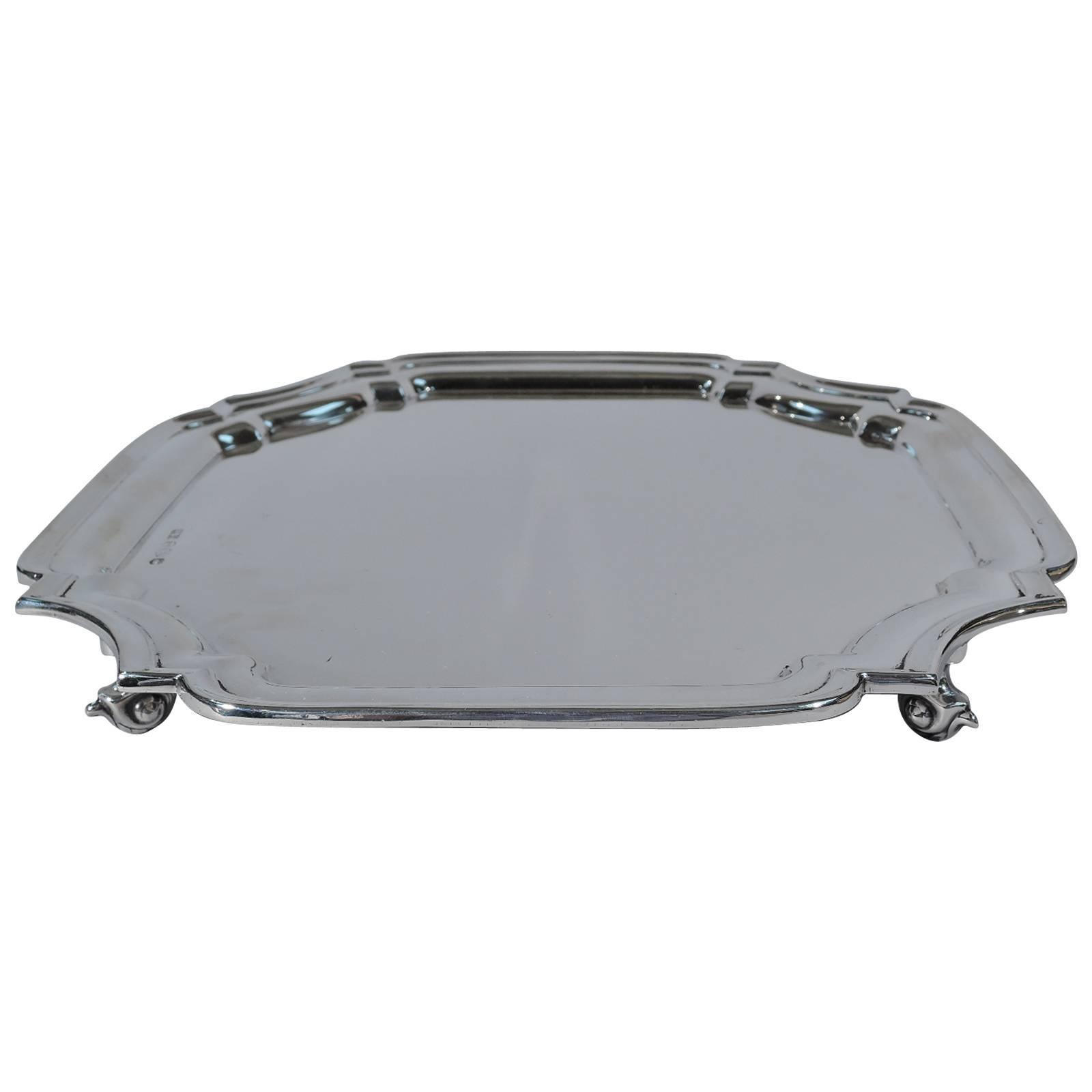 Traditional English Sterling Silver Square Cartouche Salver Tray