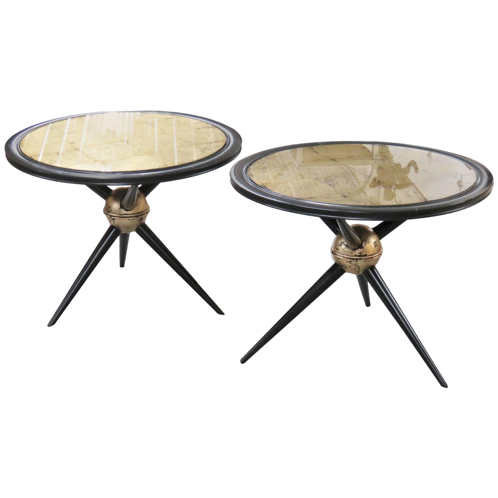 Pair of Ebonized and Gold Leaf Glass Top Side Tables