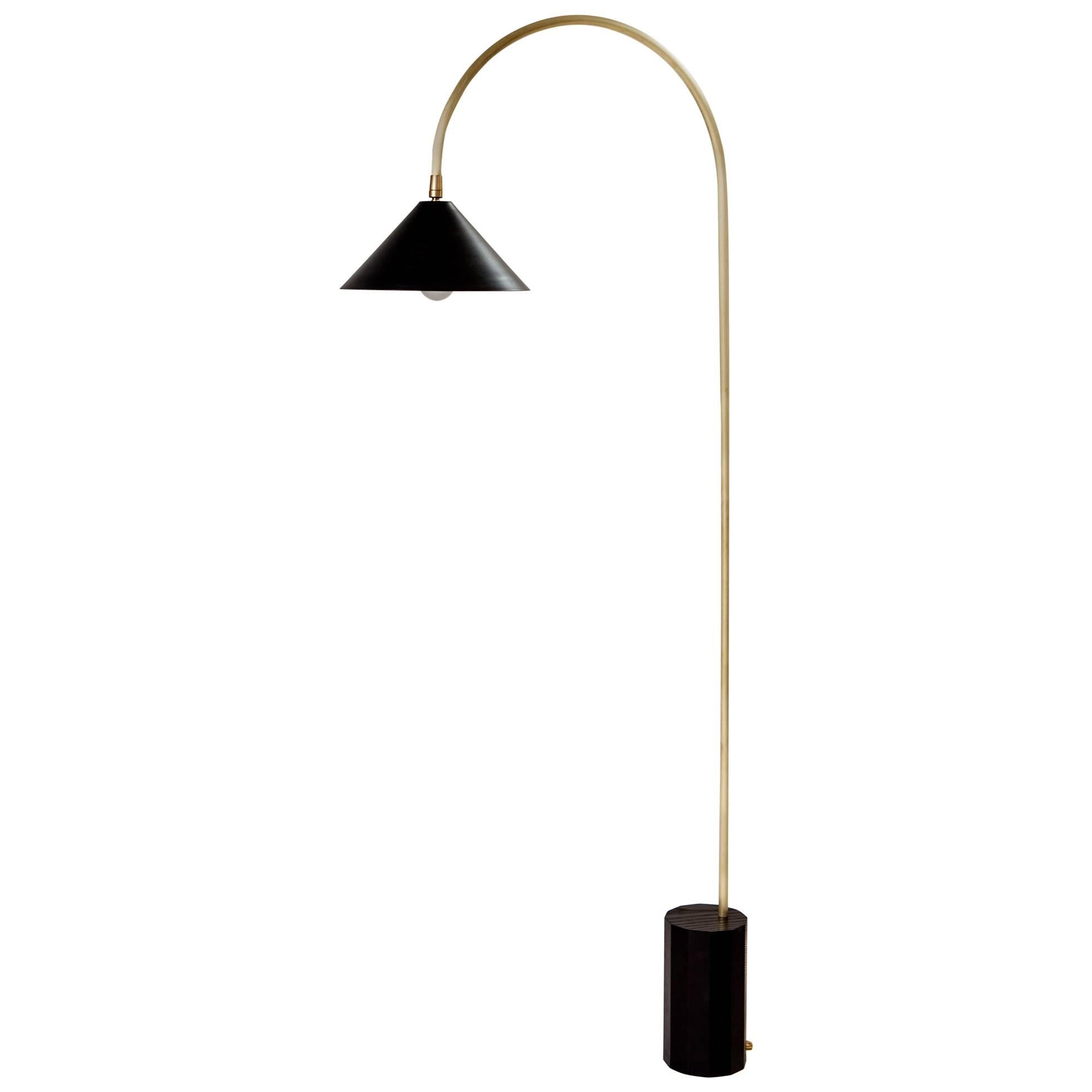 Bishop Task Floor Lamp with Brushed Brass, Blackened-Steel Shade, and Black Oak For Sale