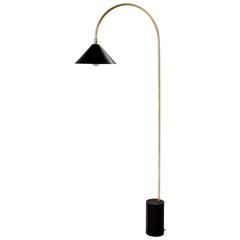 Bishop Task Floor Lamp with Brushed Brass, Blackened-Steel Shade, and Black Oak