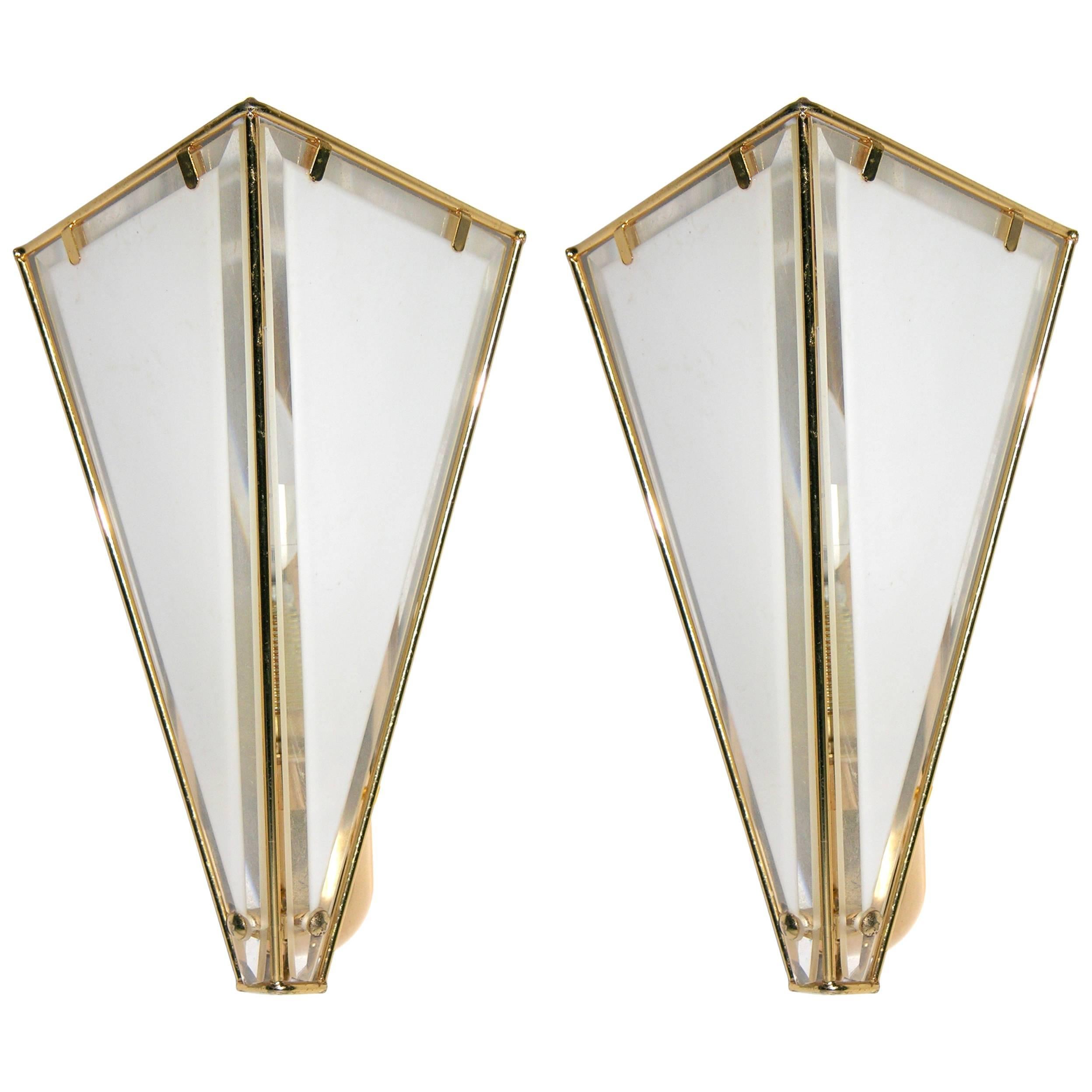 1980 Metalarte Pair of Brass and White Frosted Glass Triangular Wall Lights
