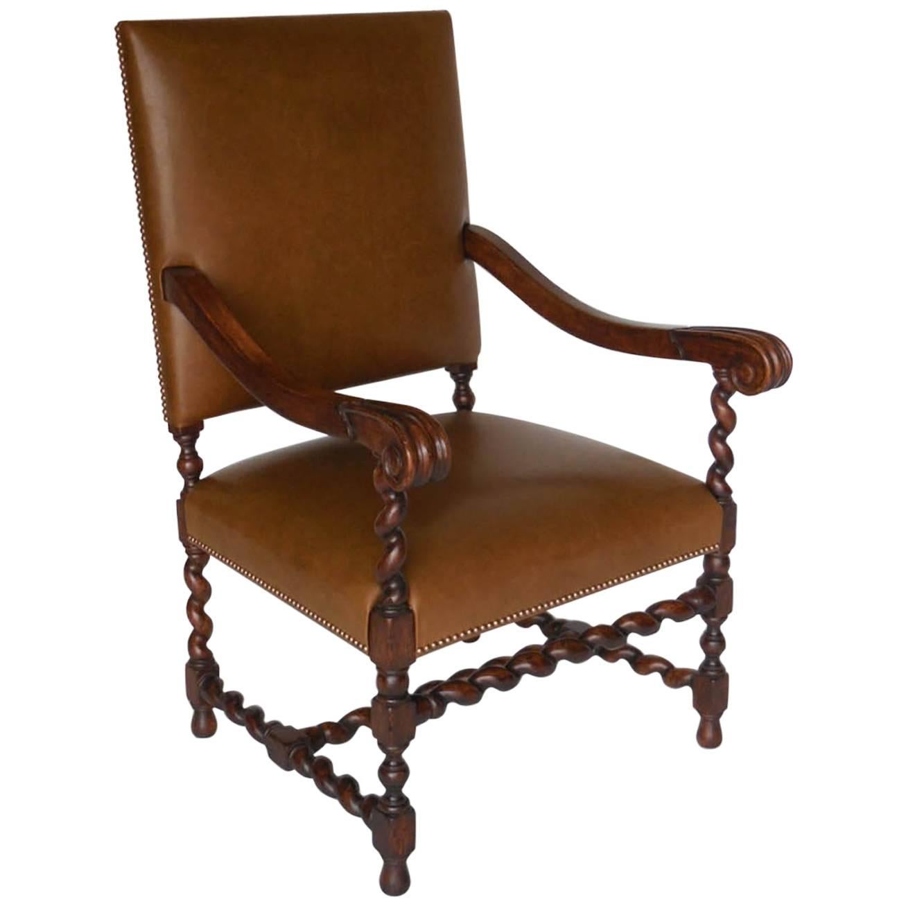 Dos Gallos Custom Walnut and Leather Spiral Twist Armchair with Scrolled Arms For Sale