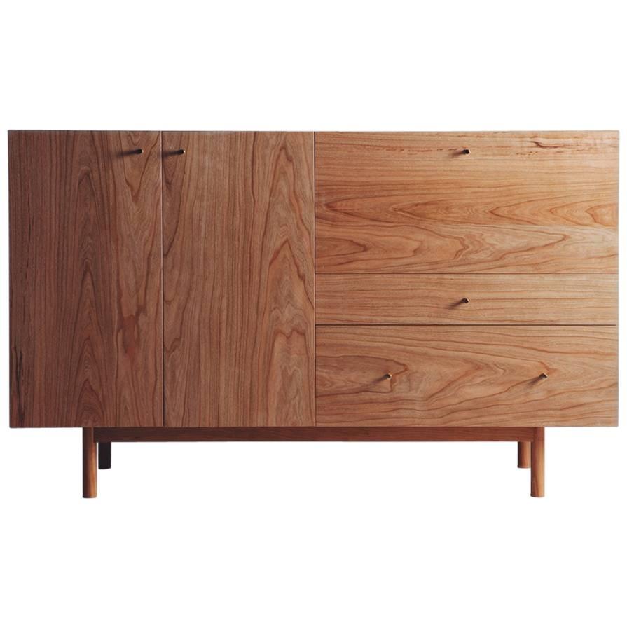 Rex Sideboard in Cherry-wood with Hand Spun Gold Pulls and Drop-down Mirror For Sale
