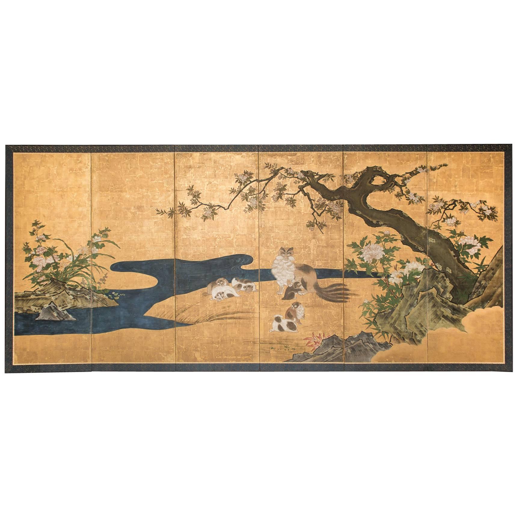 Japanese Six-Panel Screen "Mother and Her Kittens" For Sale