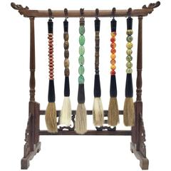 Set of Six Calligraphy Brushes and Rosewood Stand