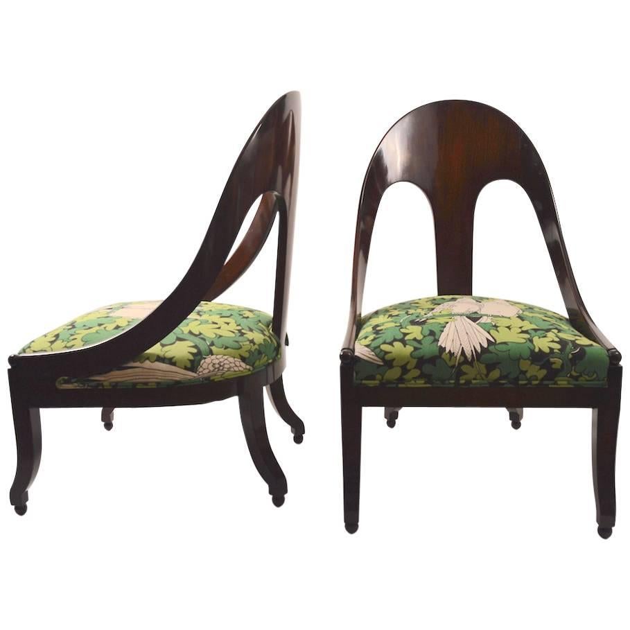 Michael Taylor for Baker Furniture Regency Style Spoon Back Lounge Chairs, Pair