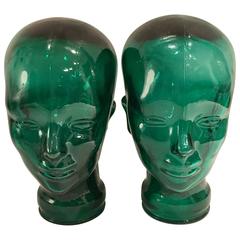 Vintage Pair Of Emerald Vidrious Glass Hat Form Figural Sculptures