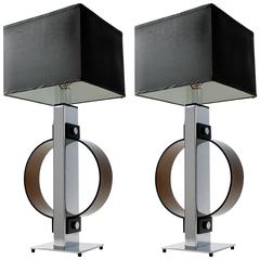 Pair of Massive Chrome and Smoked Acrylic Table Lamp Vintage, 1970s, USA 12