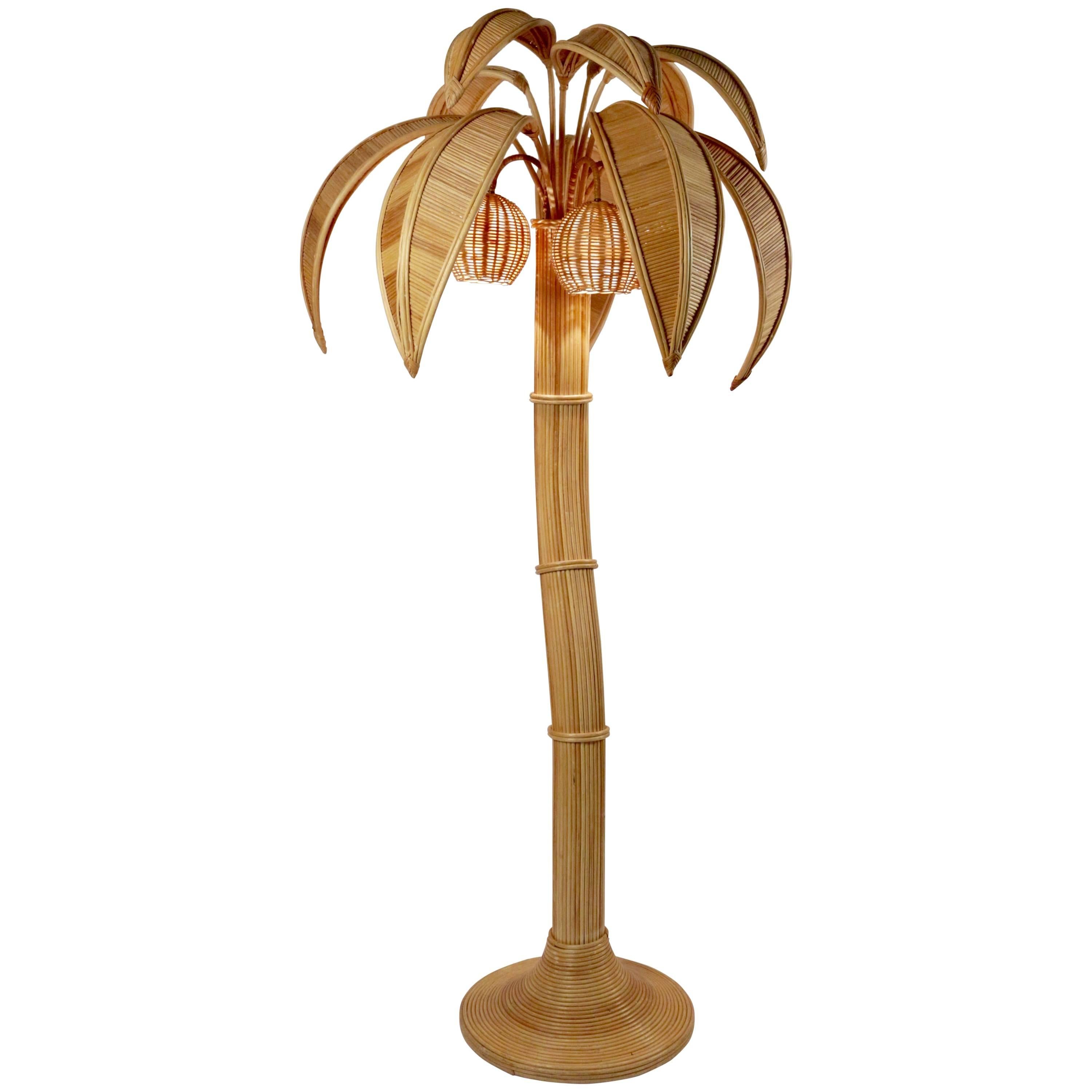 1970s Large Rattan Coconut Tree Floor Lamp