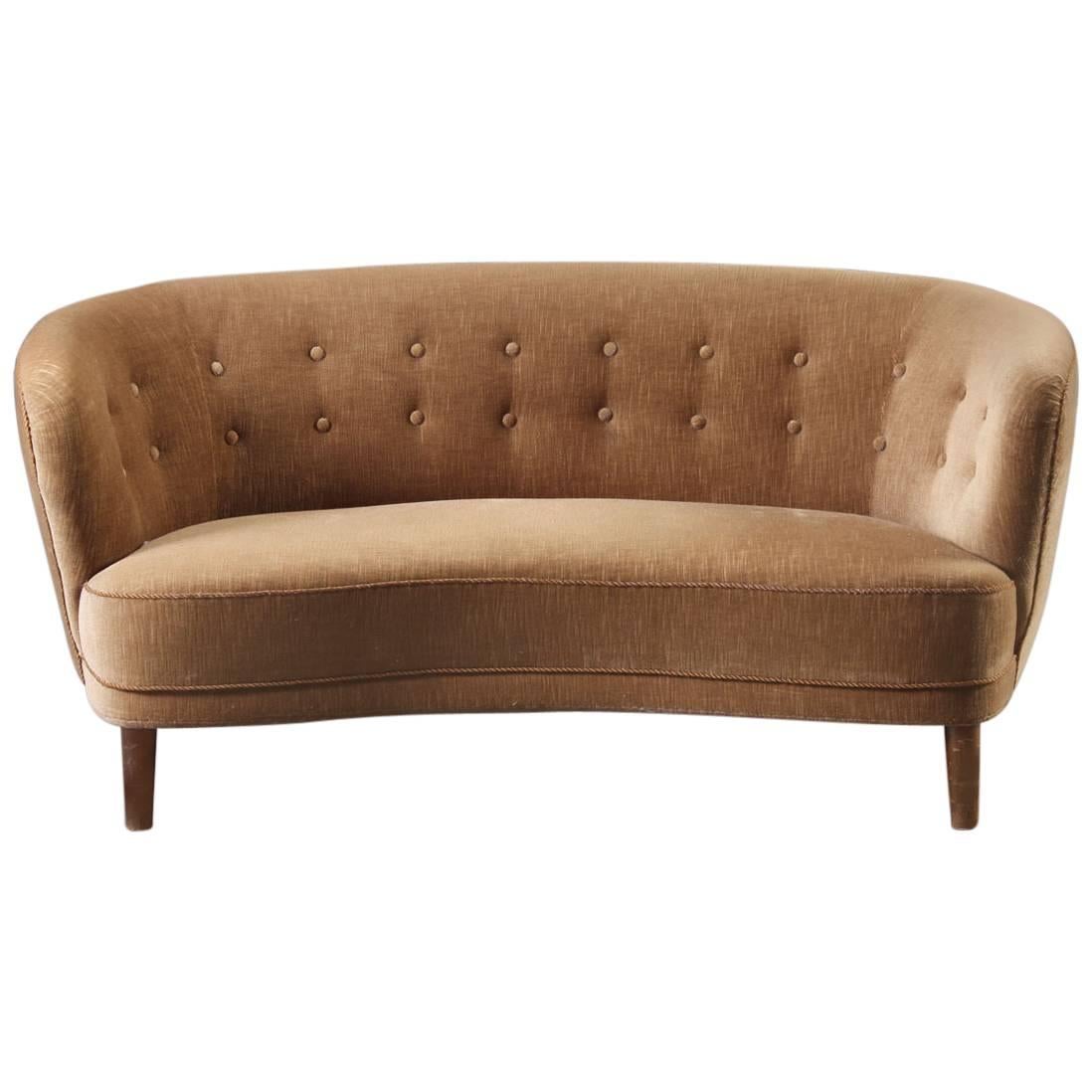 Swedish 1940s Curved Buttoned Two-Seat Velvet Sofa