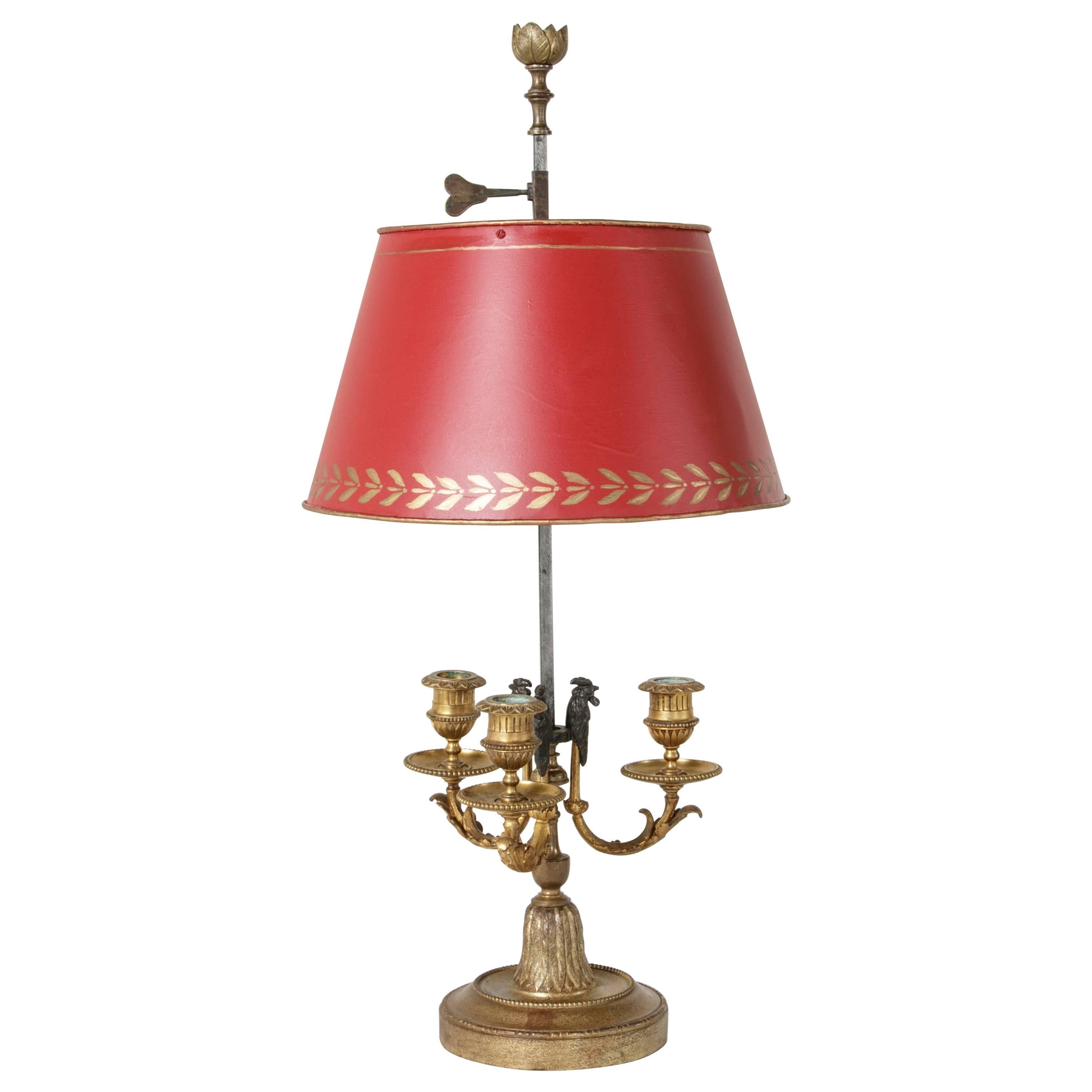 18th Century French Bouillotte Lamp with Roosters, Red Shade and Gilt Bronze