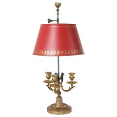 Antique 18th Century French Bouillotte Lamp with Roosters, Red Shade and Gilt Bronze