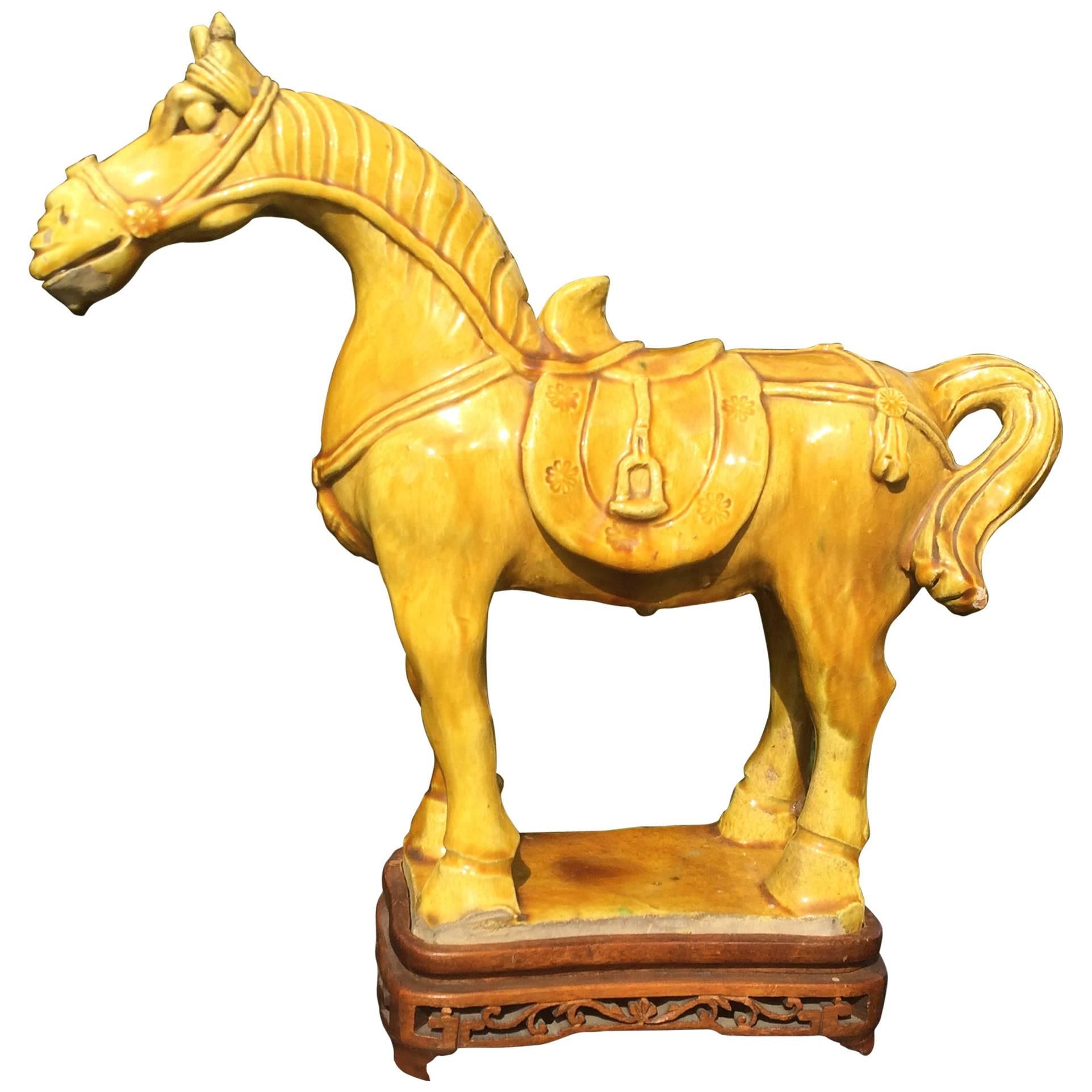 Chinese Yellow Glazed Horse on Teak Stand