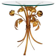 Gilded Brass and Glass Side Table with Roses, Hollywood Regency Style