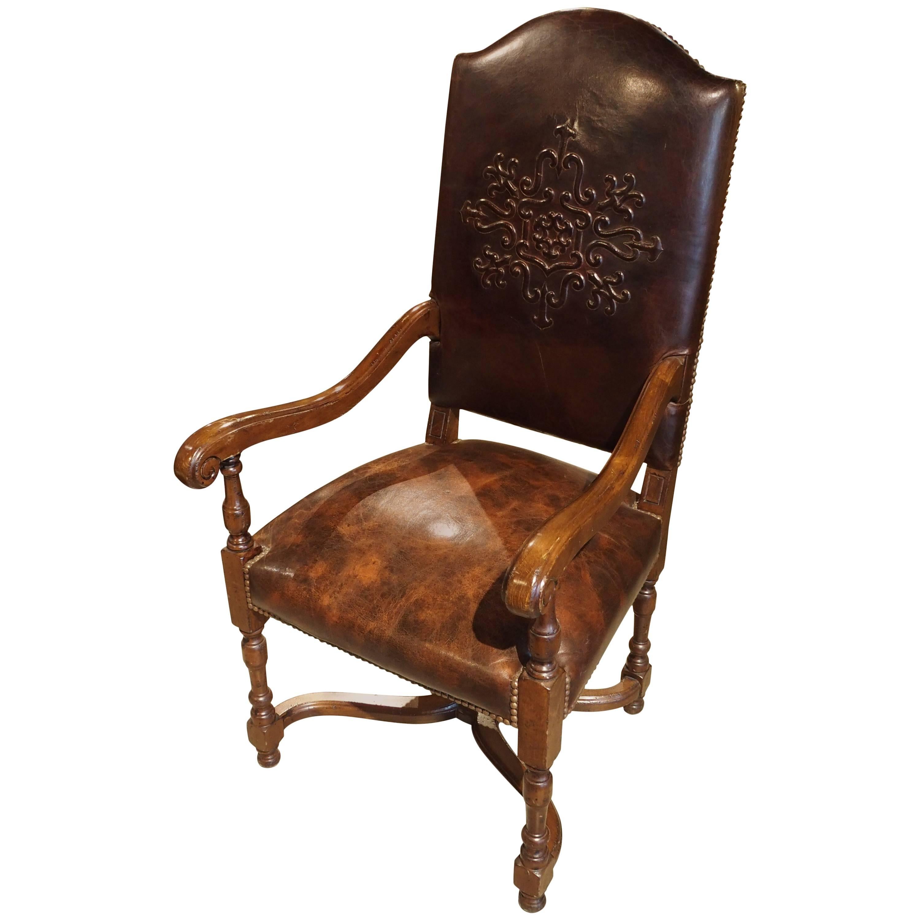 Embossed Leather Walnut Wood Armchair from France