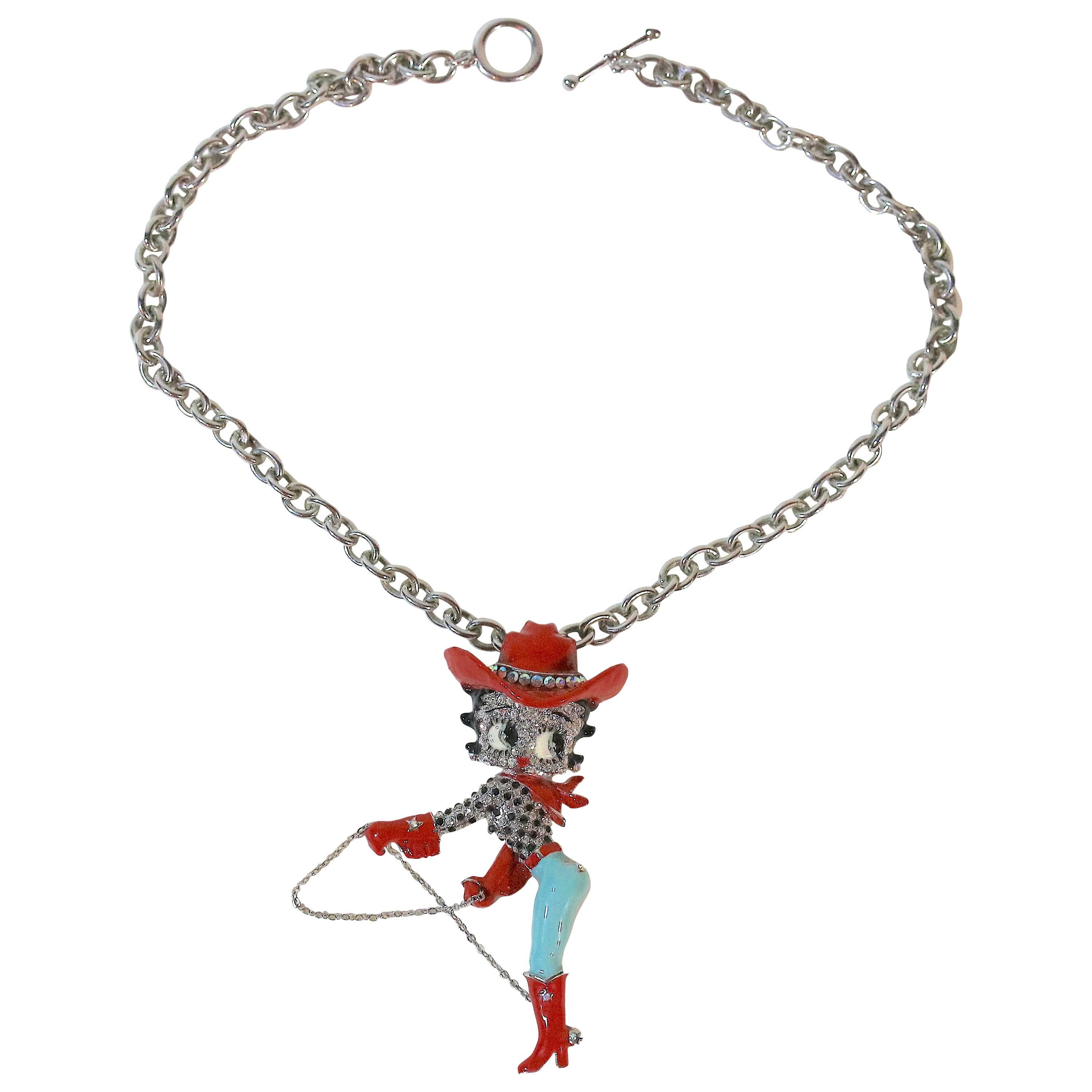 Cutest Vintage Sterling Iconic Betty Boop Necklace Polychromed Pave CZ Face For Sale