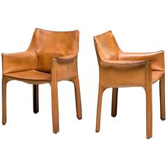 Pair of Mario Bellini Saddle Leather Cab Chairs, Cassina, Italy
