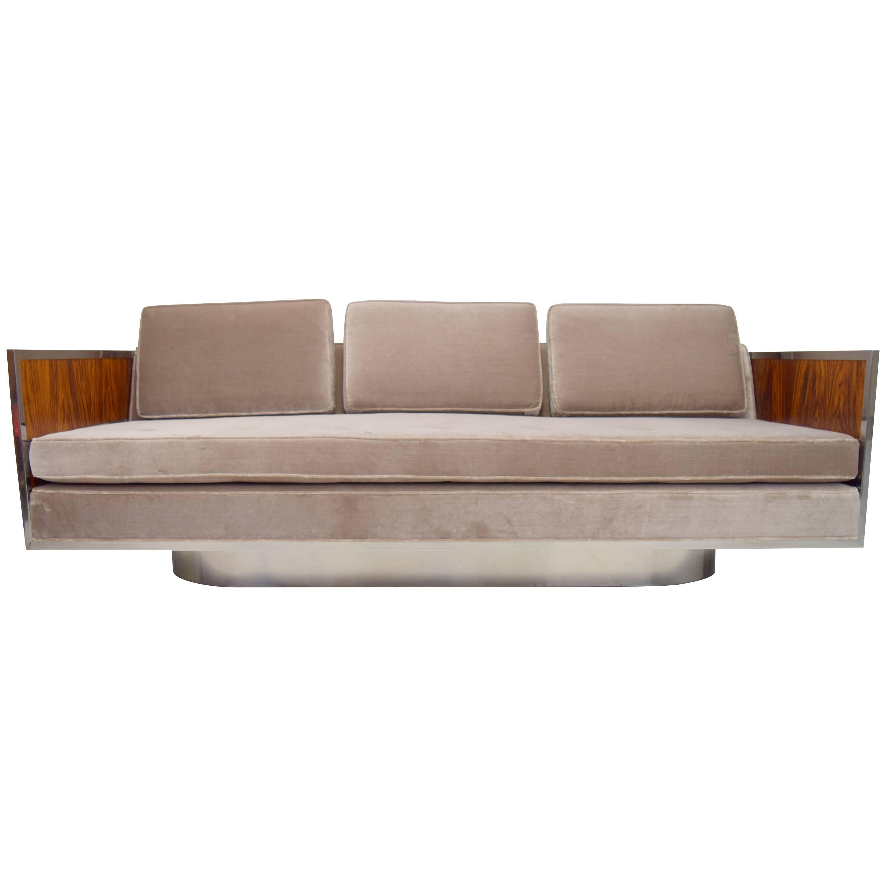 Rosewood and Chrome Case Sofa with Oval Base Attributed to Milo Baughman For Sale