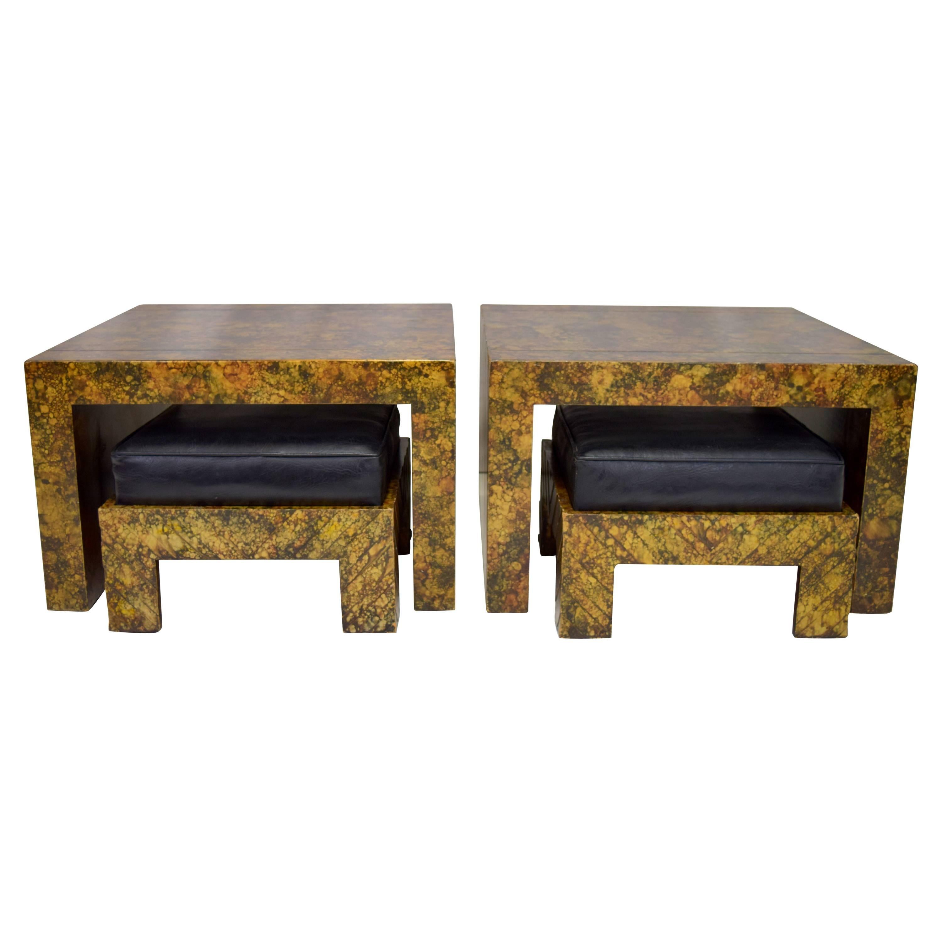 Pair of Phyllis Morris Oil Drop Finish End Tables with Nesting Ottomans