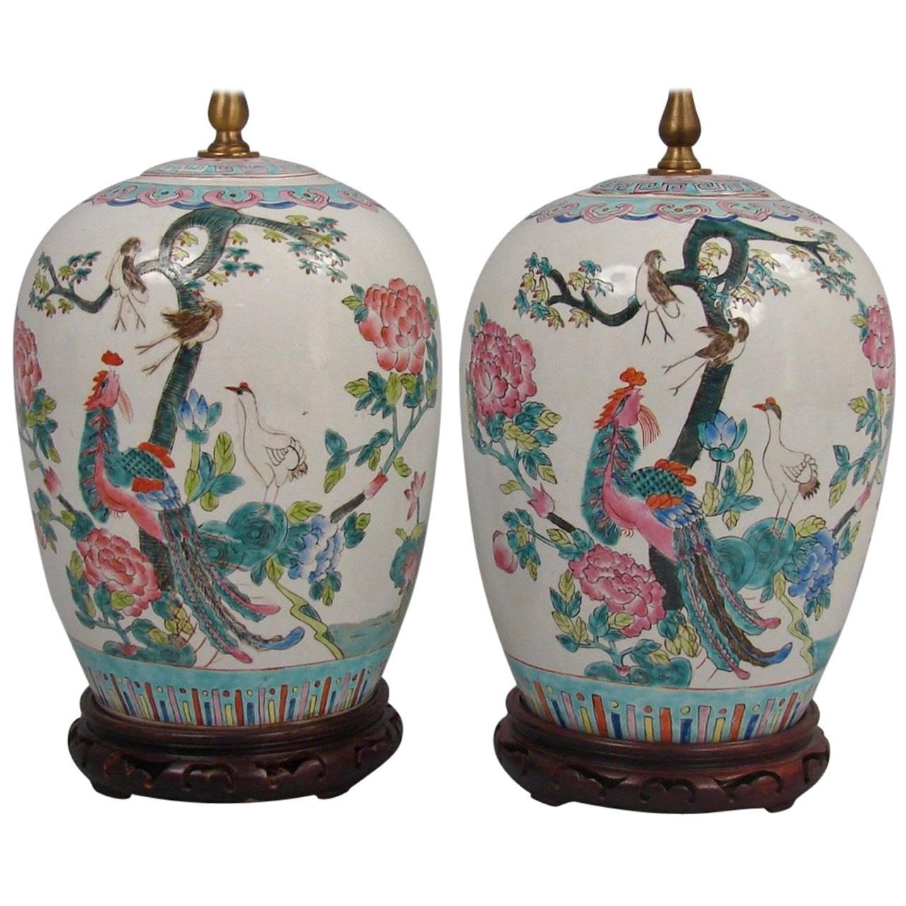 Pretty Pair of Chinese Porcelain Vases Now as Lamps