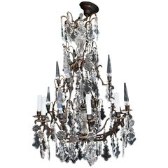 Large Beautiful French Bronze and Crystal Chandelier with Crystal Spears