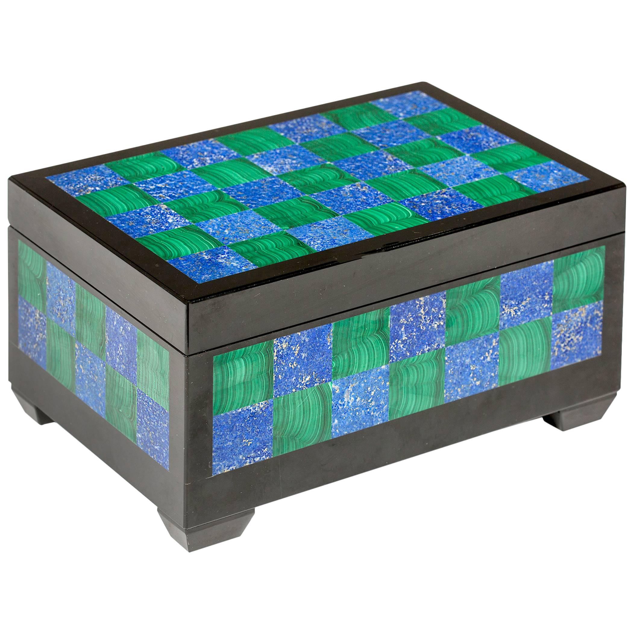 Jewelry Box, Malachite, Lapis and Onyx Box For Sale