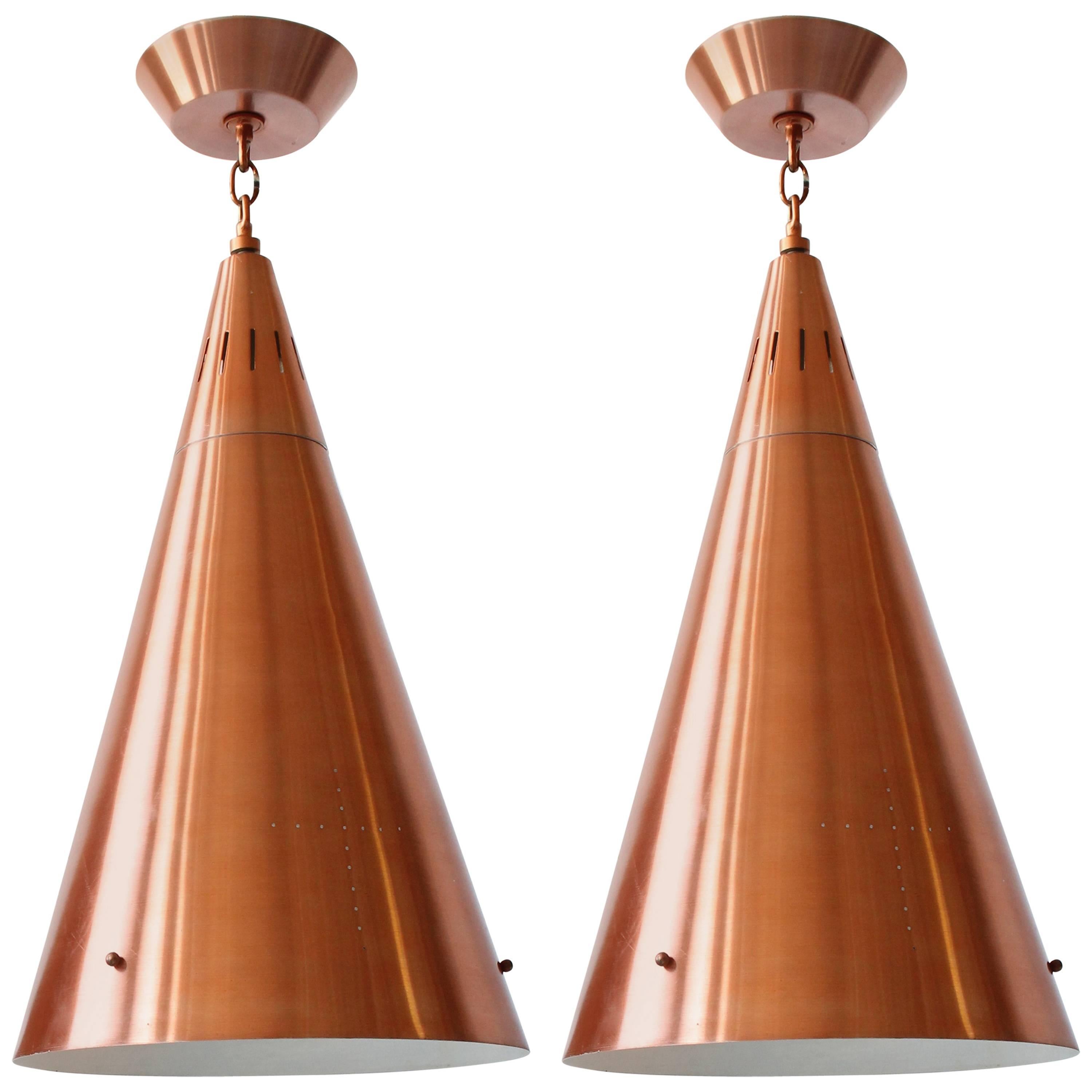 Pair of Huge Pendant in Copper Anodized Aluminium with Glass Lens, 1950s