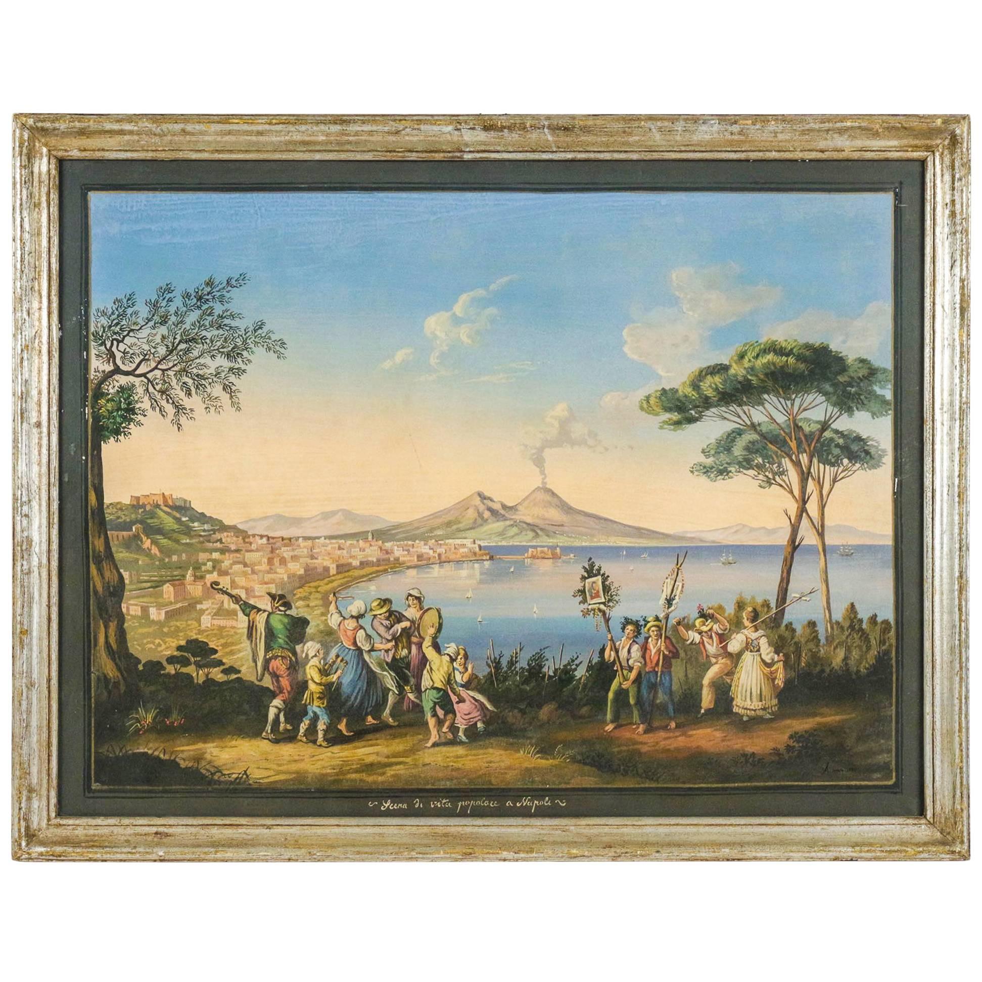 Framed Gouache of the Bay of Naples Signed A Importa, circa 1903 For Sale