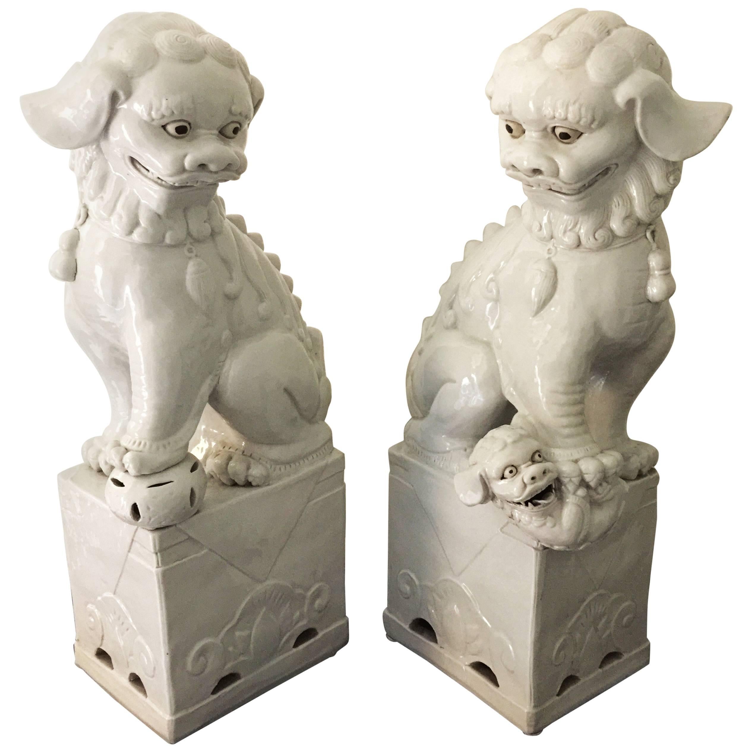 Pair of Tall "Blanc de Chine" Porcelain Foo Dogs