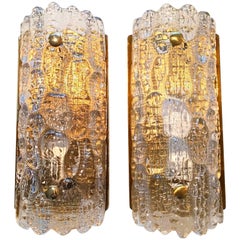 Pair of Glass and Brass Wall Sconces by Carl Fagerlund and Orrefors for Lyfa