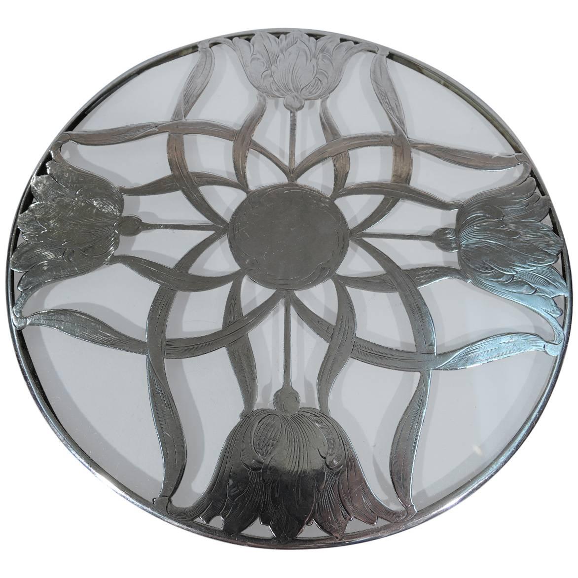 American Art Nouveau Silver Overlay Trivet with Flowers