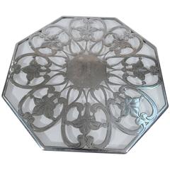 American Art Nouveau Octagonal Silver Overlay Trivet with Flowers