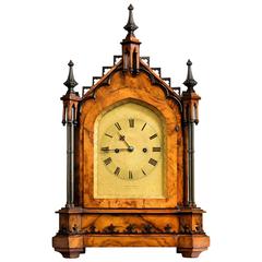 Unusual Victorian Burr Walnut Gothic Revival Bracket Clock