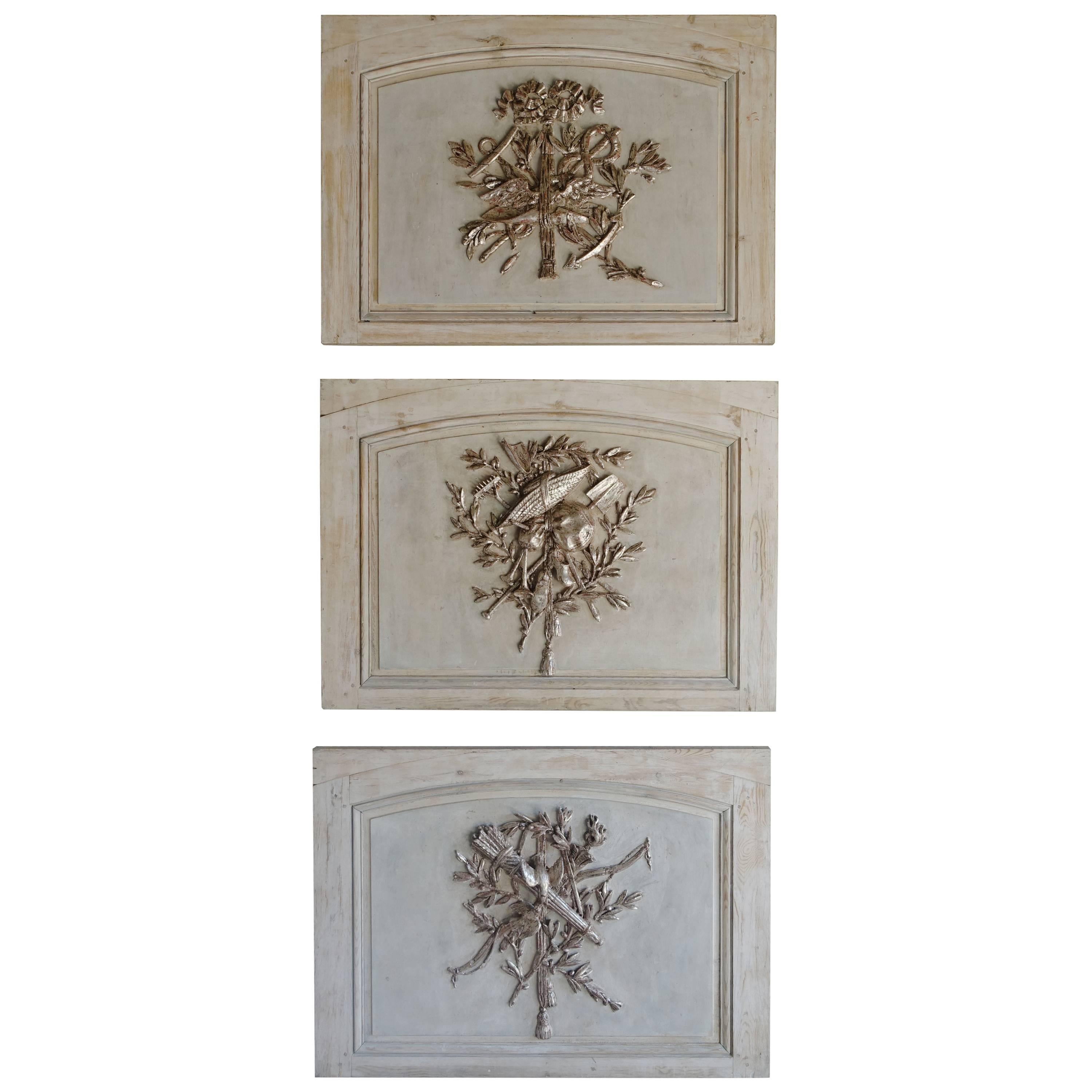 Set of Three French Carved Painted and Silver Gilt Panels
