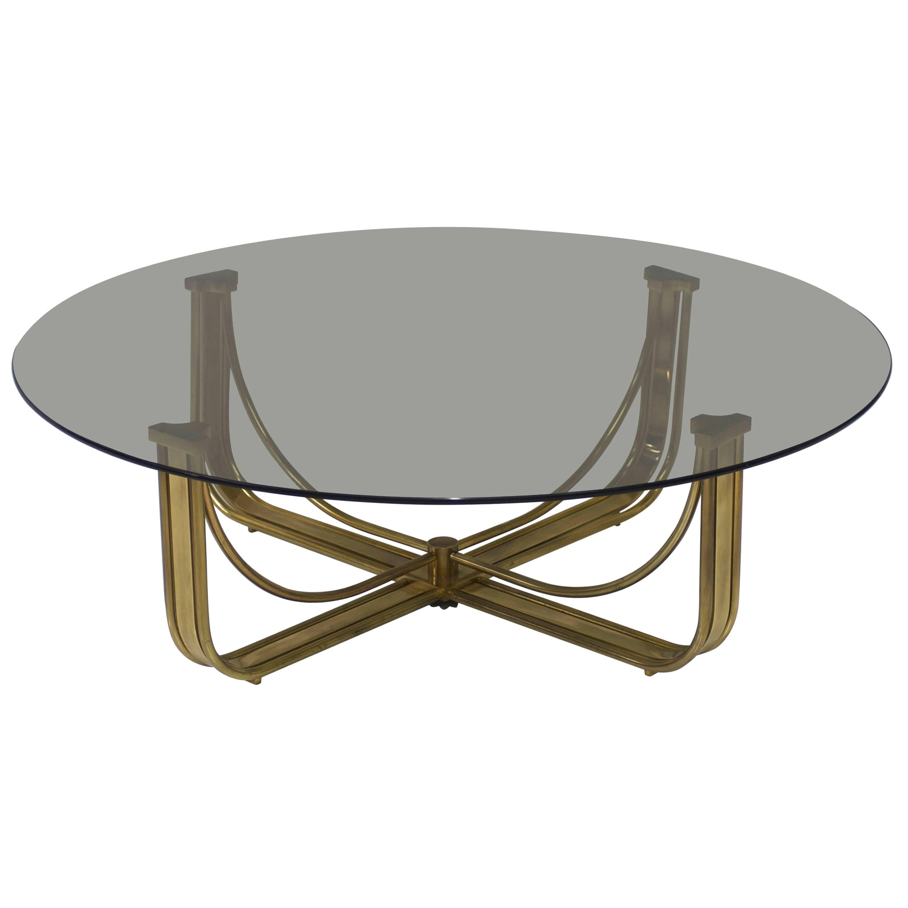 Mastercraft Brass Coffee Table with Round Smoked Grey Glass Top at 1stDibs