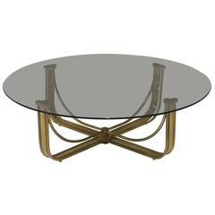  Mastercraft Brass Coffee Table with Round Smoked Grey Glass Top