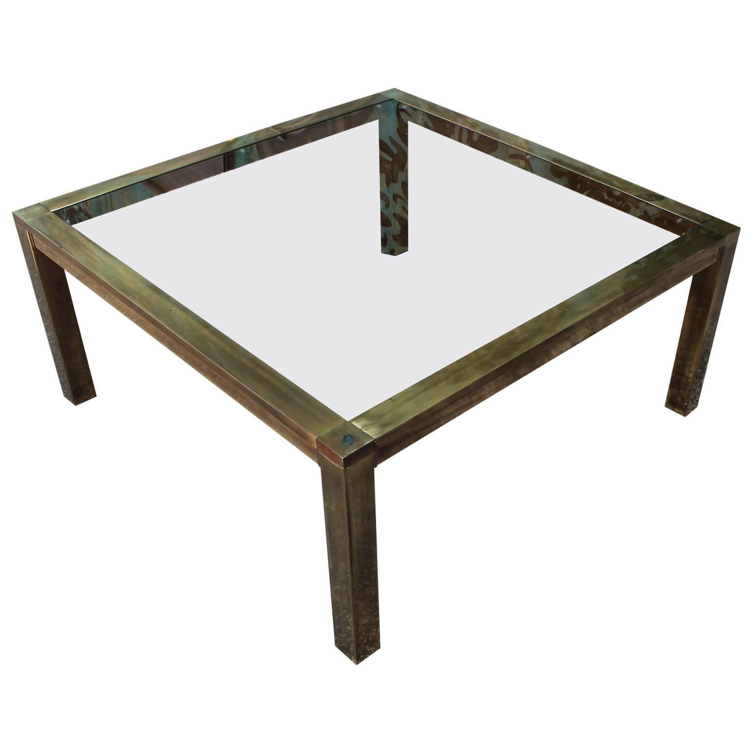 Bold Brass and Smoked Glass Square Modern Coffee Table